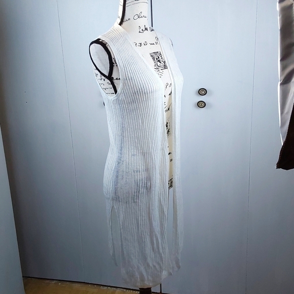 Tahari- Linen White Open longline Sweater Kimono Ribbed Slits Lagenlook Sz.M - Picture 2 of 8